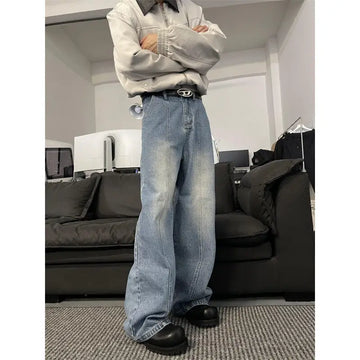 Riolio Jeans Men Loose Wide Leg Trousers Unisex low-rise jean Men's Denim Pants Old Blue Washed Male Jeans Straight Patchwork mop pants